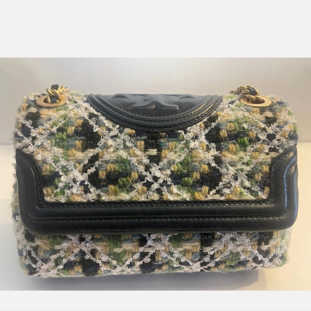 NEW Tory Burch Green Multi Soft Fleming Tweed Convertible Shoulder Crossbody Bag